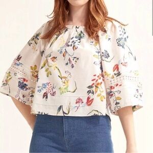 Tanya Taylor Stassi White Floral Crochet Trim Cotton Peasant Top Size 14